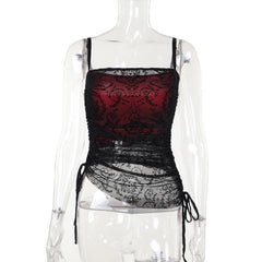 Lace drawstring ruched patchwork cami top