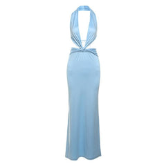 Halter deep v neck ruched backless maxi dress