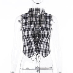 Plaid sleeveless lace up corset top