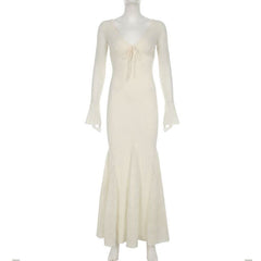 V neck long sleeve lace bowknot maxi dress