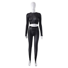 Sheer mesh see through long sleeve solid crewneck pant set-final-sale