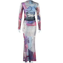 Long sleeve crewneck abstract mesh maxi skirt set