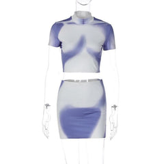 Short sleeve high neck contrast body print mini skirt set-final-sale