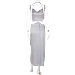 Cowl neck zip-up metal chain satin halter maxi skirt set-final-sale