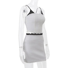 Square neck lace patchwork zip-up backless contrast mini skirt set-final-sale