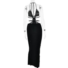 Hollow out self tie halter backless solid cut out maxi dress-final-sale