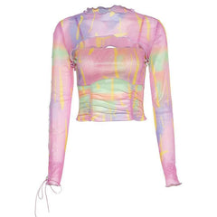 Long sleeve ruffled hollow out mesh cut out top