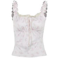 Flower print contrast sleeveless lace hem ruched top