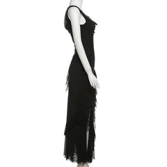 Cowl neck mesh ruffle slit irregular solid cami maxi dress-final-sale