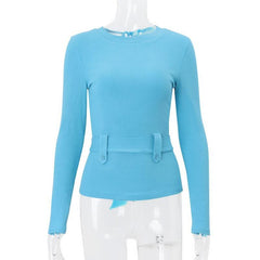 Crewneck long sleeve belt knotted knitted top