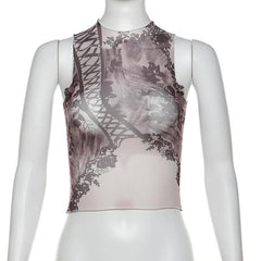 Sleeveless high neck print sheer mesh top