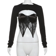 Long sleeve button lace stitch shrug 2 piece top-final-sale