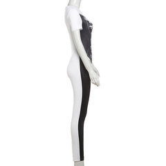 Short sleeve crewneck body print zip-up jumpsuit