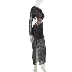 Crewneck long sleeve lace hollow out cut out maxi dress