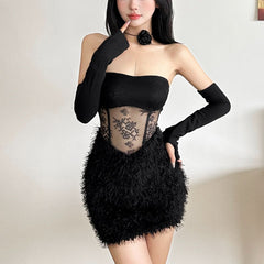 Fluffy flower print gloves backless tube mini dress