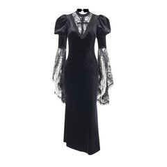 Crewneck long flared sleeve slit velvet lace midi dress