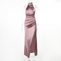 Ruched solid satin zip-up halter backless slit maxi dress-final-sale