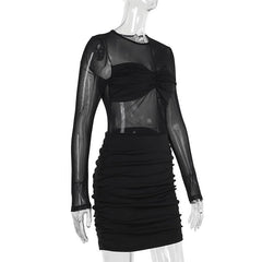 Long sleeve mesh patchwork ruched mini dress
