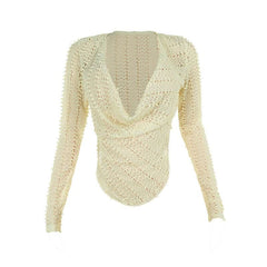 Cowl neck long sleeve irregular hollow out cut out top