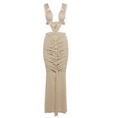 O ring textured hollow out self tie ruched tank cut out maxi dress