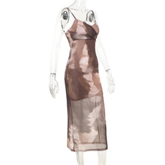 Tie dye ruched mesh self tie cami midi dress