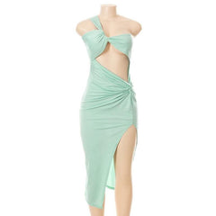 Knotted irregular one shoulder hollow out slit solid cut out midi dress-final-sale