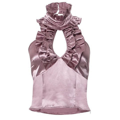 Halter ruffle ruched satin backless top-final-sale
