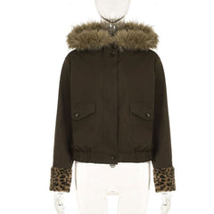 Fluffy hoodie long sleeve leopard print pocket zip-up top