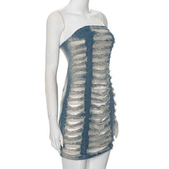 Hollow out ruched raw hem zip-up tube cut out mini dress