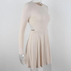 Ribbed long sleeve solid button hollow out crewneck cut out mini dress-final-sale