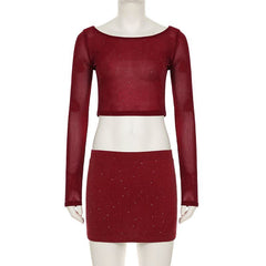 Crewneck long sleeve glitter crop mini skirt set