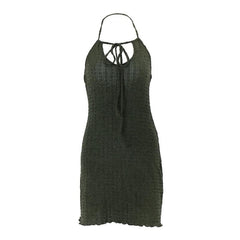 Ruffle halter textured hollow out self tie solid cut out mini dress
