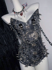 Skull metal chain PU leather lace up rivet tube top