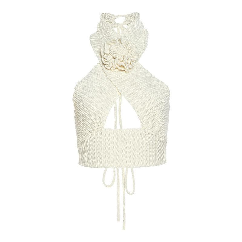 Knitted flower applique cross front hollow out self tie backless crop top-final-sale