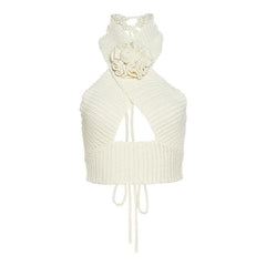 Knitted flower applique cross front hollow out self tie backless crop top-final-sale