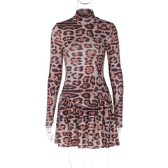 Leopard print long sleeve high neck mini dress-final-sale