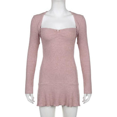 Ribbed solid long sleeve ruffle shrug tube mini dress