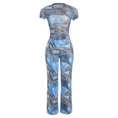 Denim print contrast short sleeve crewneck pant set-final-sale