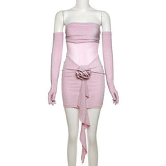 Gloves flower applique mesh patchwork ruched tube mini dress-final-sale