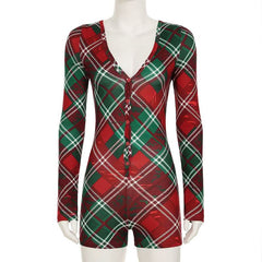 V neck long sleeve plaid button romper