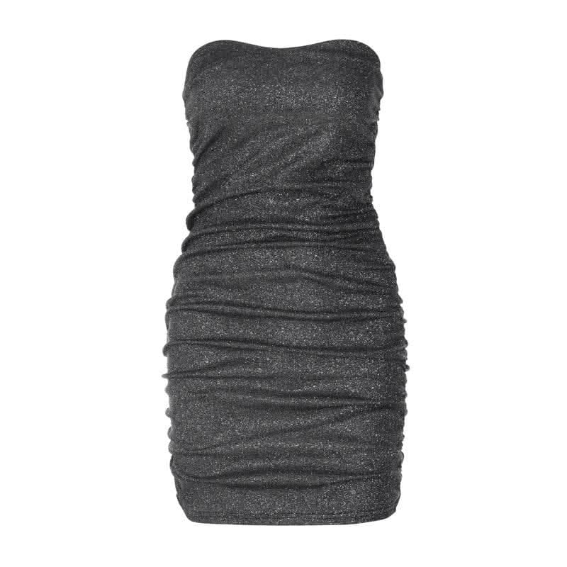 Textured solid ruched backless tube mini dress-final-sale