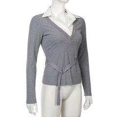 Turnover collar long sleeve ribbed belt top