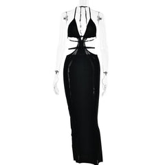 Hollow out self tie halter backless solid cut out maxi dress-final-sale