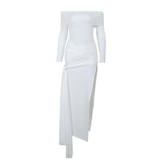 Cross front solid long sleeve off shoulder slit self tie maxi dress-final-sale
