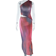 One shoulder sheer mesh print irregular ruffle maxi dress