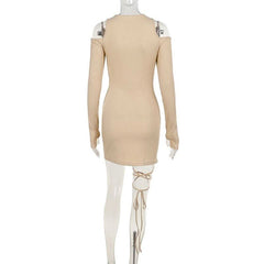 Long sleeve off shoulder knitted hollow out self tie cut out mini dress