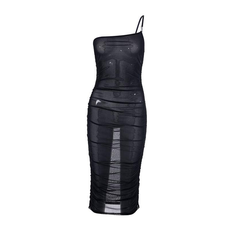 Sheer mesh see through one shoulder ruched irregular midi dress