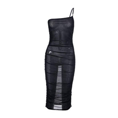 Sheer mesh see through one shoulder ruched irregular midi dress
