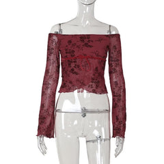 Flared sleeve off shoulder flower pattern top