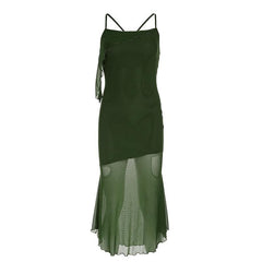 Ruffle irregular mesh cross back cami midi dress
